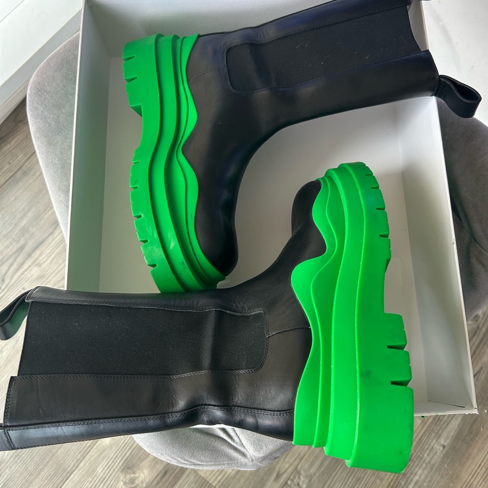 Bottega Veneta Black and Neon Green Heeled Boots
